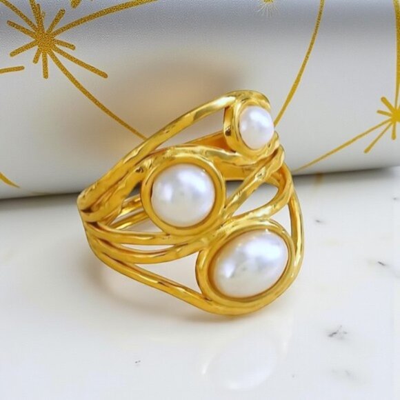 🆕 18K Gold Plated Adjustable Ring With Faux Pearls Artistic Trendy Swirl Design - Picture 8 of 12